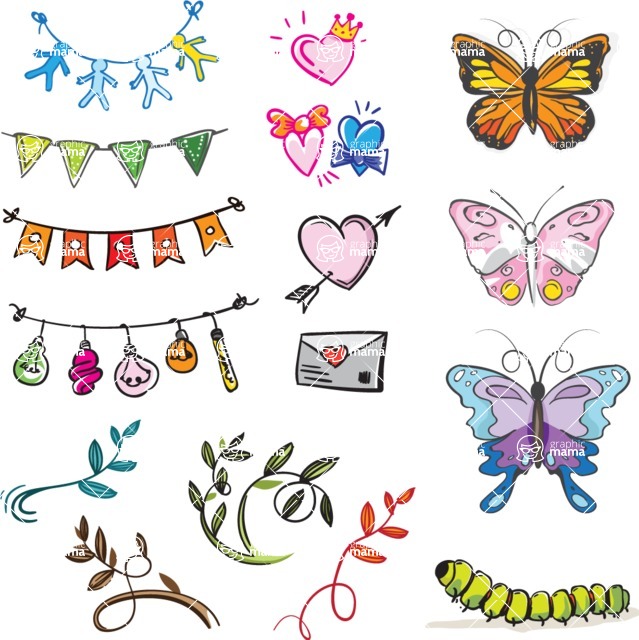 Vector Hand Drawn Elements Mega Bundle - Colorful Vector Hand Drawn Design Items Set